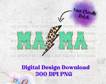 Faux Chenille Patch Mama PNG, Cheetah lighting bolt png, Mama png, Faux Chenille Patch PNG, Sublimation design, Faux Chenille Teal Patch png