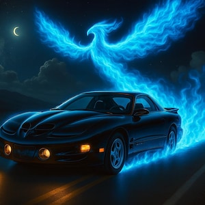 May include: A black sports car speeding down a road at night, with a fiery blue phoenix rising above it. The car has its headlights on, and blue flames trail behind it. A crescent moon and clouds are in the background.