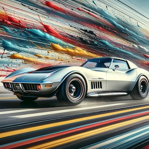 Corvette Geschwindigkeit Farbspritzer, Chevrovette Corvette Stingray Kunstdruck Poster