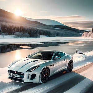 Puede incluir: Un coche deportivo Jaguar F-Type blanco conduciendo por un camino nevado con un lago congelado y montañas en el fondo.