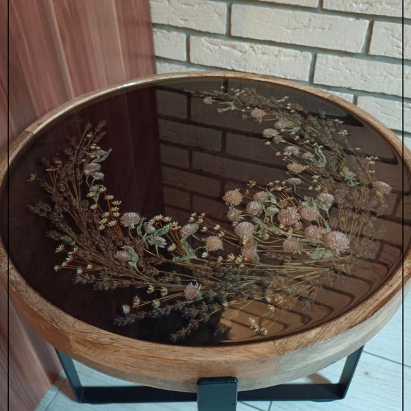 Round flower table, livingroom - wood and resin coffee table with dried flowers, handcrafted, black