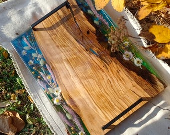 Handcrafted Epoxy and Wood Serving Board with Floral Design, olive wood and resin, custom charcuterie tray with wildflowers, elegant board