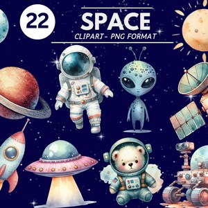 Aquarel ruimte clipart, schattige astronaut en planeten png, raketillustraties voor kinderen Art Prints, Instant Download, Decor van de kinderkamer