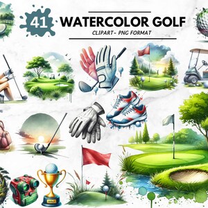 Aquarel golf clipartbundel, 36 golf png-afbeeldingen, golfclubs, golfballen, golfkar, sport-illustraties, instant download, commercieel gebruik