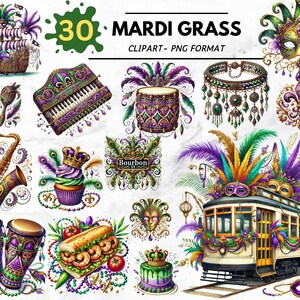 Bundle de cliparts Mardi Gras aquarelle, Art de collier de fleurs de lys et de perles, gros mardi des cliparts de la Nouvelle-Orléans, Art de Mardi Gras, usage Commercial