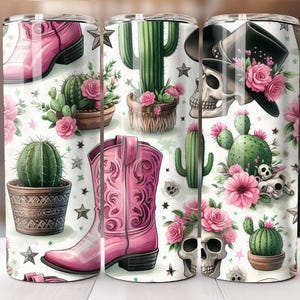 Western Cowgirl Boots Tumbler Wrap PNG, 20oz mager sublimatieontwerp, cactus en bloemen digitale download, Country Rodeo Western Tumbler Art