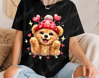 Valentine Teddy Bear PNG, Heart Hat Clipart (Digital Download)