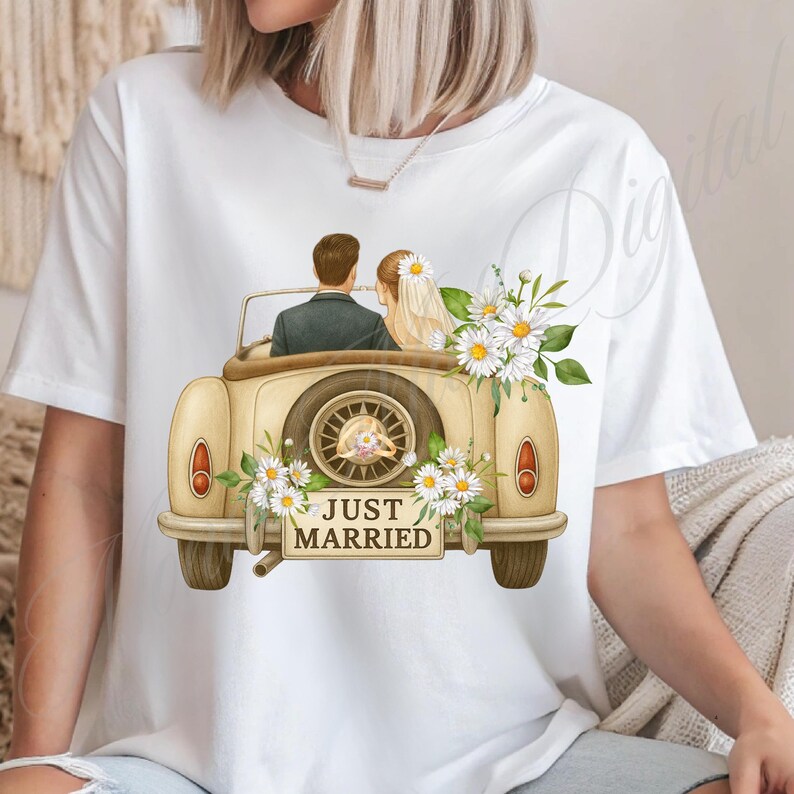 Just Married Car Clipart: Watercolor Bride & Groom PNG, JPG (digital ...
