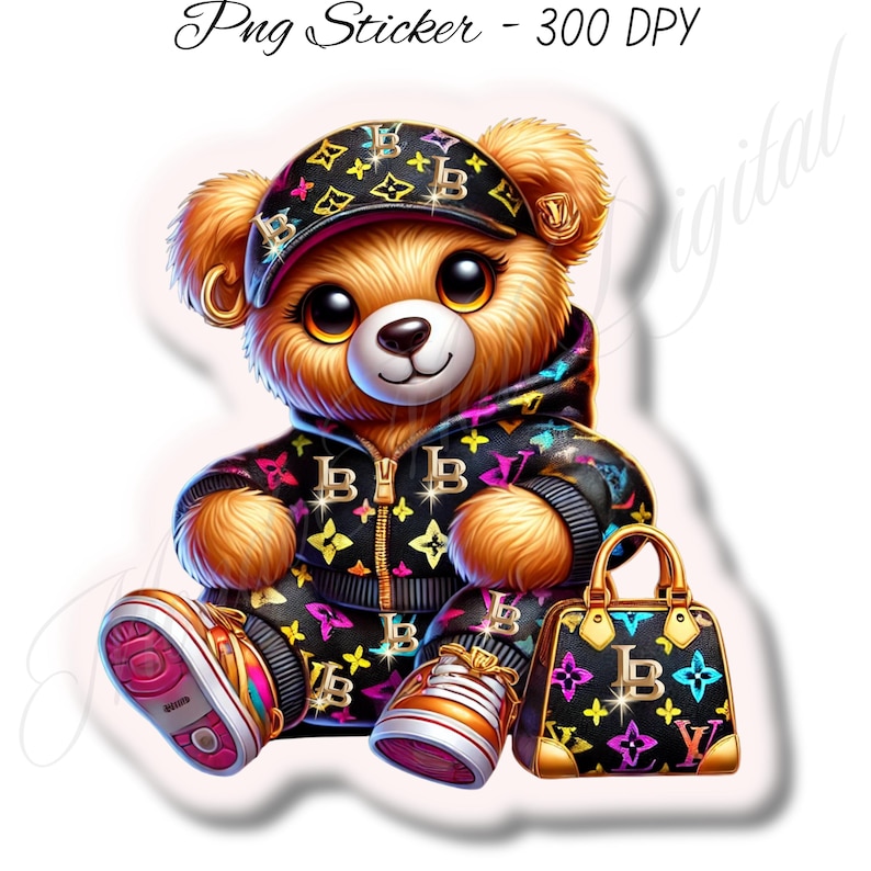 May include: A cartoon teddy bear wearing a black and gold tracksuit with a matching handbag. The bear is wearing a black and gold baseball cap with the letter "B" on it. The bear has brown fur and a cute expression.