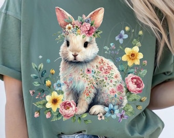 Boho Floral Bunny PNG, Retro Easter Sublimation Design, Wildflower Spring Clipart (Digital Download)