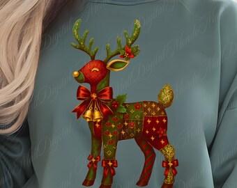 クリスマスパッチワークトナカイPNG：花の刺繍クリップアート