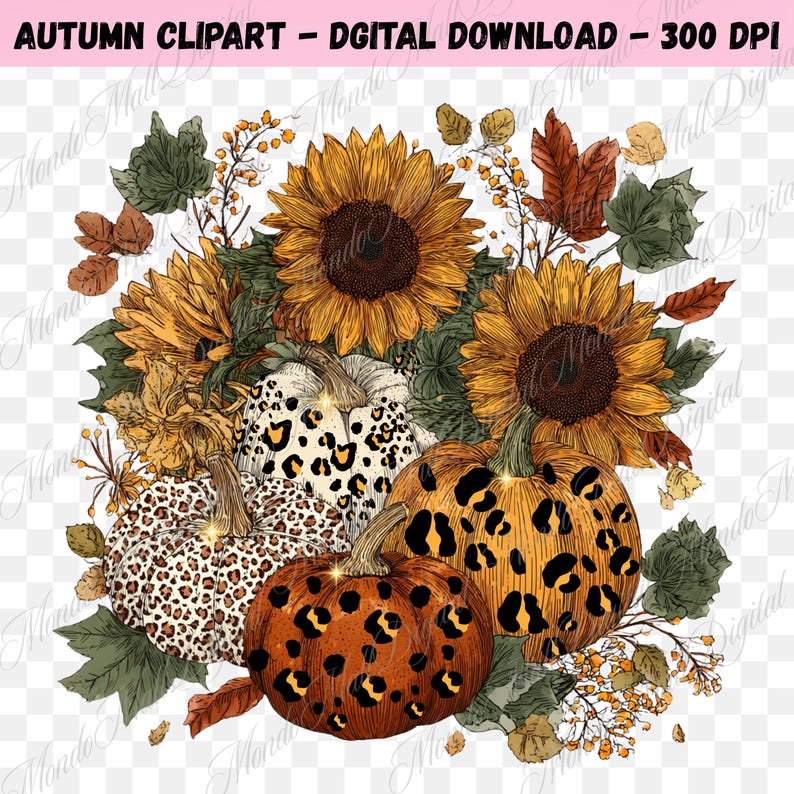 May include: Autumn-themed digital download featuring sunflowers and pumpkins. The pumpkins have a leopard print design in shades of brown and orange. The sunflowers are yellow and brown, with green leaves and fall foliage.