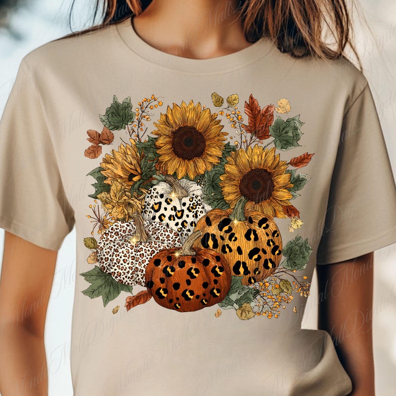 May include: Beige t-shirt featuring a fall-themed graphic. The design includes sunflowers, pumpkins with leopard print patterns, and autumn leaves. The shirt is made of a soft material.