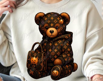 Halloween-teddybeer png, griezelige pompoen hoodie clipart (digitale download)