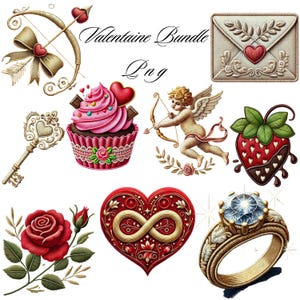 May include: A Valentine's Day themed digital clipart bundle featuring a cupcake, a key, a strawberry, a heart with an infinity symbol, a ring with a diamond, a cupid with a bow and arrow, an envelope, and an arrow with a bow.