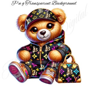 May include: A brown teddy bear wearing a black and white patterned hooded jacket and matching hat. The bear is sitting with its legs crossed and holding a black handbag with a gold handle. The handbag is also covered in a black and white patterned design.