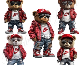 May include: Five teddy bears wearing red leather jackets, white t-shirts with the Nike logo, blue jeans, and red and white Nike sneakers. Each bear is wearing sunglasses and a red baseball cap with the Nike logo.