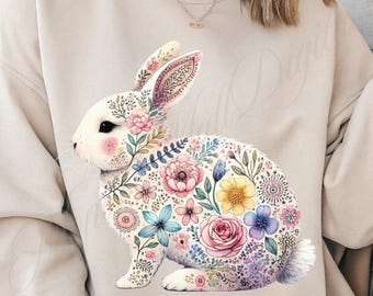 Boho Floral Bunny PNG, Retro Easter Sublimation Design, Wildflower Clipart (Digital Download)