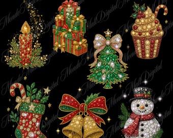 Puede incluir: Una colección de elementos de arte digital con temática navideña. Incluye una vela, regalos envueltos, un árbol de Navidad, una magdalena, un calcetín, campanas y un muñeco de nieve, todos con adornos de tipo joya. El texto dice "CHRISTMAS CLIPART - DIGITAL ART PNG - 300 DPI".