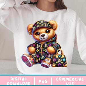 May include: A cartoon teddy bear wearing a black and white patterned jacket and a black and white patterned hat. The bear is holding a black and white patterned handbag with gold accents. The bear is sitting on a white background.