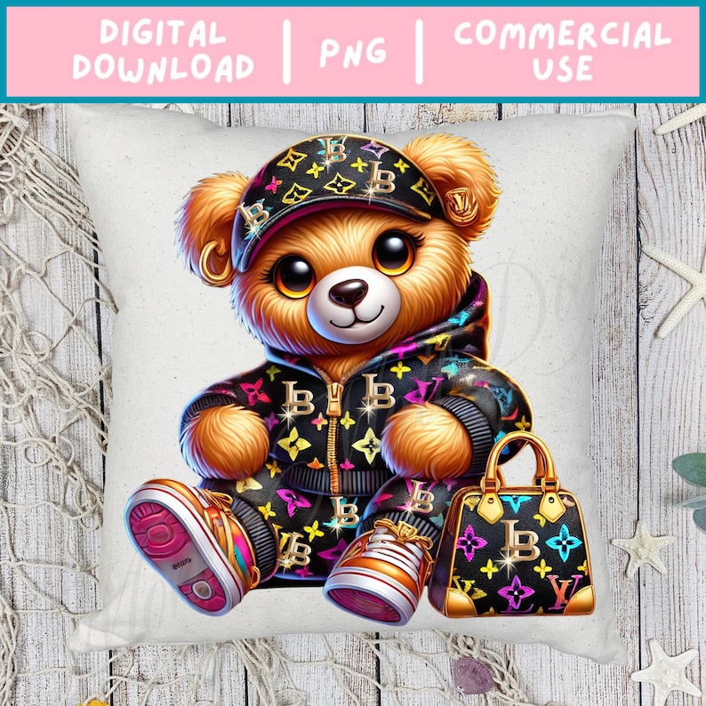 May include: A brown teddy bear wearing a black and gold patterned jacket and a black and gold patterned hat. The bear is holding a black and gold patterned handbag. The bear is sitting on a white background.