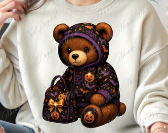 Clipart Halloween-teddybeer, griezelige hoodie ontwerp (digitale png-download)