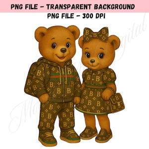 May include: Two brown teddy bears wearing matching outfits with a repeating "B" pattern. One bear is in a tracksuit, and the other is in a dress with a matching bow and purse. The image has the text "PNG FILE - TRANSPARENT BACKGROUND" and "PNG FILE - 300 DPI".