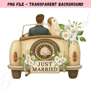 Just Married Car with Bride and Groom Clipart, PNG & JPG, Digital Download, Printable Watercolor Clipart, Paper Crafts, Wedding Car,Love Png