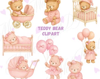 Aquarell rosa Teddy Bär Clipart, Baby-Dusche PNG (digitaler Download)