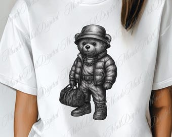 May include: White t-shirt featuring a black and white illustration of a teddy bear wearing a hat, puffer jacket, and carrying a duffel bag. The bear has a chain necklace and is wearing sneakers. The shirt has the text "Mondo Mall Digital Mondo" printed on it.