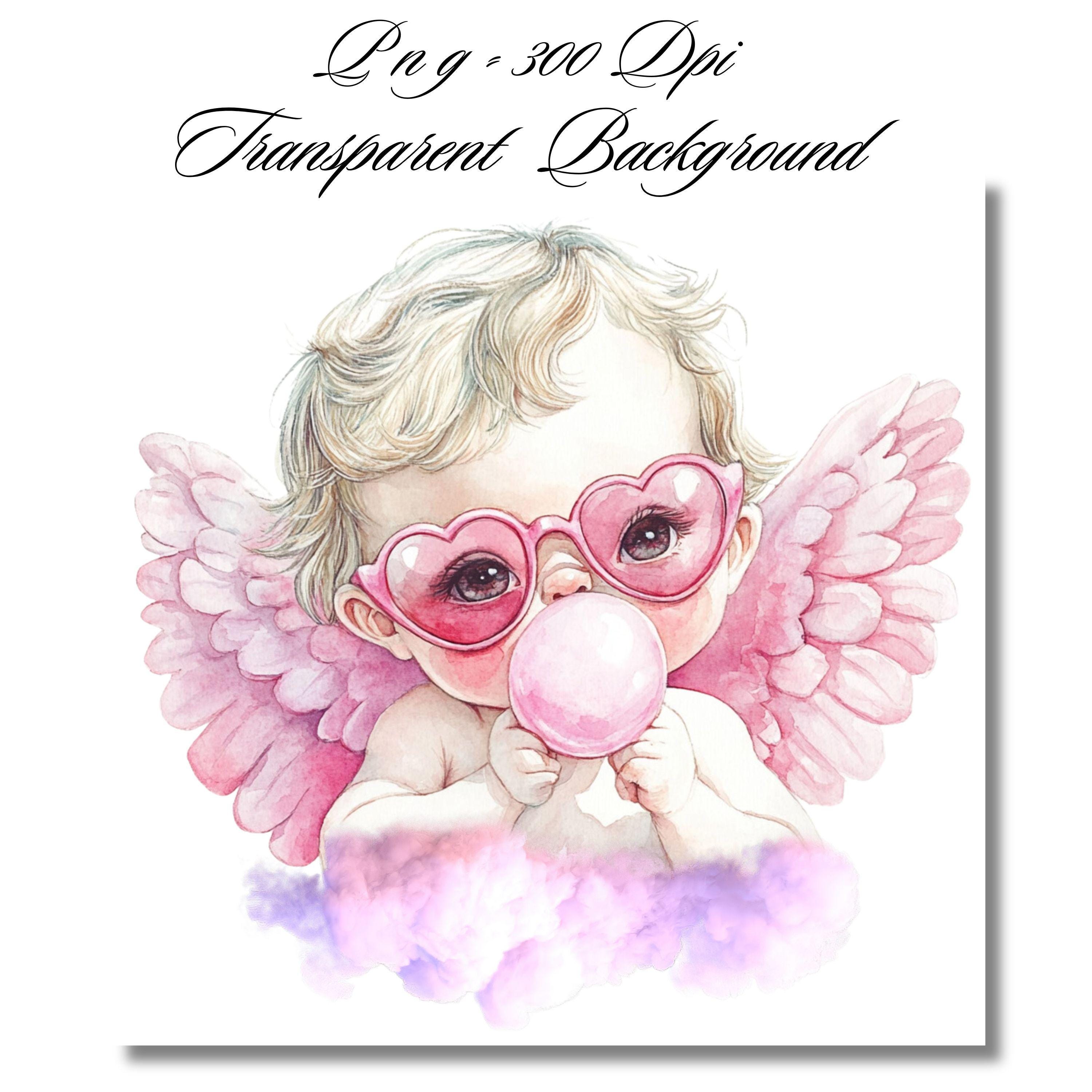 Retro Cupid Valentines Day Blowing Bubble PNG, Vintage Valentines Day png, Funny Cupid With Sunglasses png, Valentines Day png, Cupid png