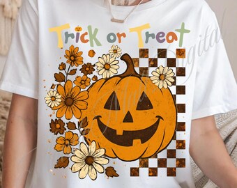 レトロなパンプキンスマイリーフェイスPNG：ボヘミアンフローラルハロウィンデザイン（デジタルダウンロード、4500x5400ピクセル）