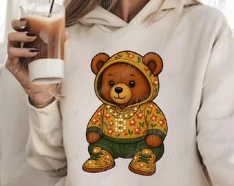 Floral Hoodie Teddy Bear Clipart, Embroidered Bear PNG (Digital Download)