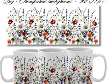 May include: Three white mugs with a floral design featuring a variety of flowers, including daisies, poppies, and lavender. The design is a seamless pattern that wraps around the mug. The mugs are 15 oz.