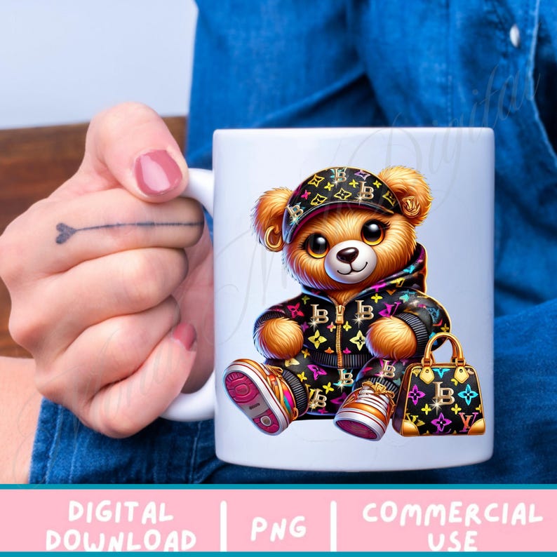 May include: A white ceramic mug with a colorful cartoon illustration of a teddy bear wearing a black and gold jacket and a hat with the letter "B" on it. The teddy bear is holding a black and gold handbag with the letter "B" on it. The mug is on a blue denim background.
