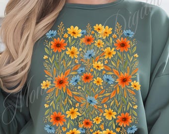 Boho Summer Wildflower PNG, Watercolor Floral Sublimation Design, Transparent Background Clipart, Vintage Botanical Print