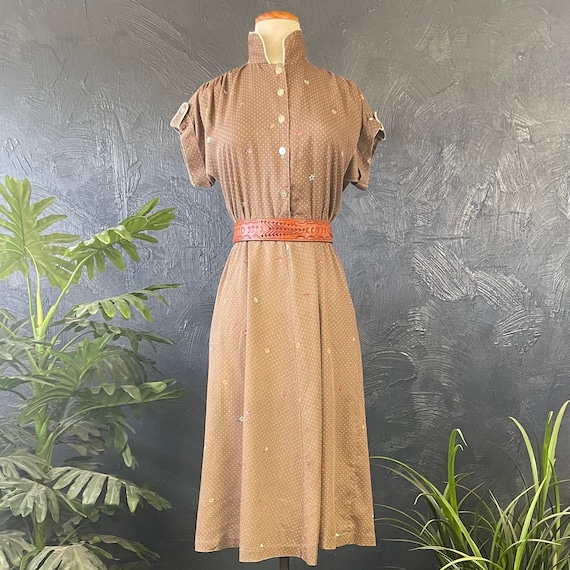Vintage 1970s - 1980s Brown Polka Dot Floral Dress - image 1