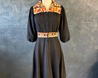 Vintage 1970s Black Colorful Southwestern Trim Dress