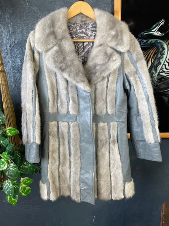 Vintage 1970's Grey Leather Real Fur Trim Coat Pa… - image 5