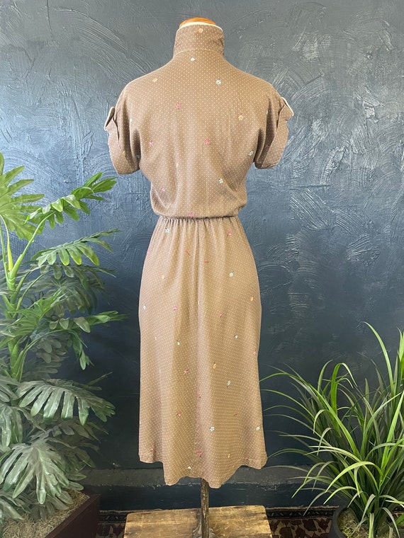 Vintage 1970s - 1980s Brown Polka Dot Floral Dress - image 8