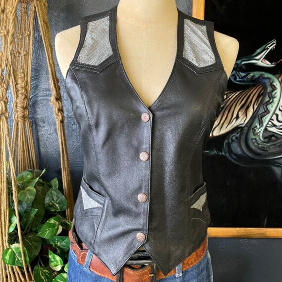 Vintage 1980s Black Leather Snakeskin Vest