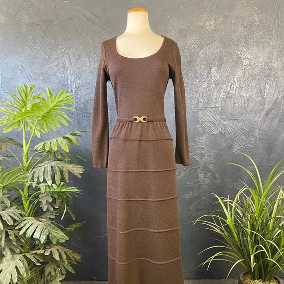 Vintage 1970s Brown Long Sleeve Maxi Dress