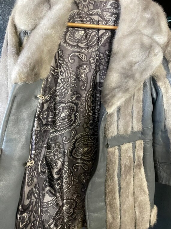 Vintage 1970's Grey Leather Real Fur Trim Coat Pa… - image 7