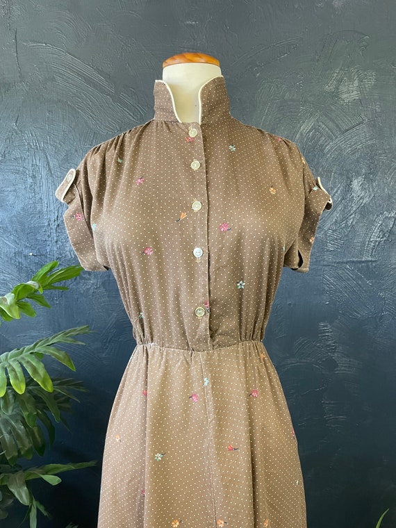 Vintage 1970s - 1980s Brown Polka Dot Floral Dress - image 5