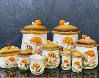 SET OF 9 Vintage 1978 Sears Merry Mushroom Kitchen Canisters, Salt and Pepper Shackers, Cream and Sugar, Napkin Holder