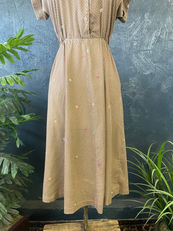 Vintage 1970s - 1980s Brown Polka Dot Floral Dress - image 6
