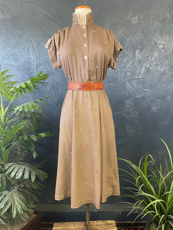 Vintage 1970s - 1980s Brown Polka Dot Floral Dress - image 3