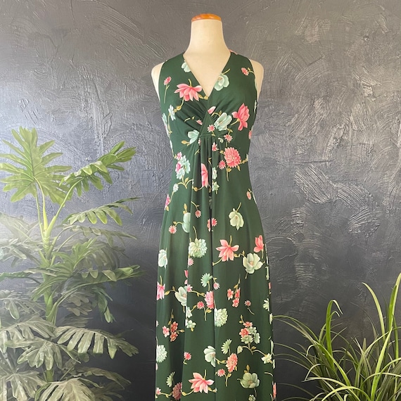 Vintage 1970s Green Floral Maxi Dress