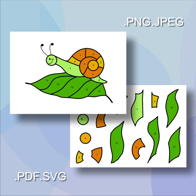 Puede incluir: Una hoja de actividad de colorear por n&uacute;meros con un caracol en una hoja. El caracol es verde y naranja, y la hoja es verde. La hoja est&aacute; dividida en secciones numeradas, cada una correspondiente a un color diferente.