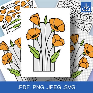 May include: A stained glass pattern of orange poppies with green leaves and stems. The pattern is outlined in black and is ready to be cut out and assembled.